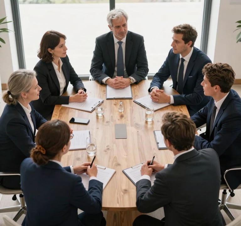 High-angle shot of a group of professionals in suits discussing around a large wooden table in a bright, modern room. Professional but warm atmosphere. European / French.