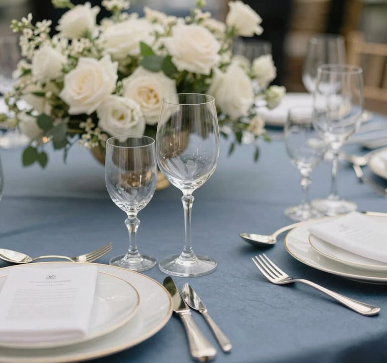 Extreme close-up of a high-end corporate gala dinner table setting, crystal glassware, silver cutlery, elegant slate blue linens, white floral centerpieces, Parisian elegance, European / French.