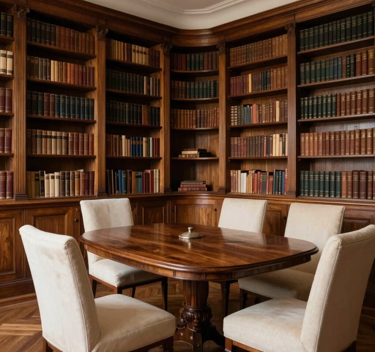 An intimate wood-paneled library room in a historic Parisian mansion, perfect for high-level meetings. Soft warm lighting and off-white upholstery. European / French.