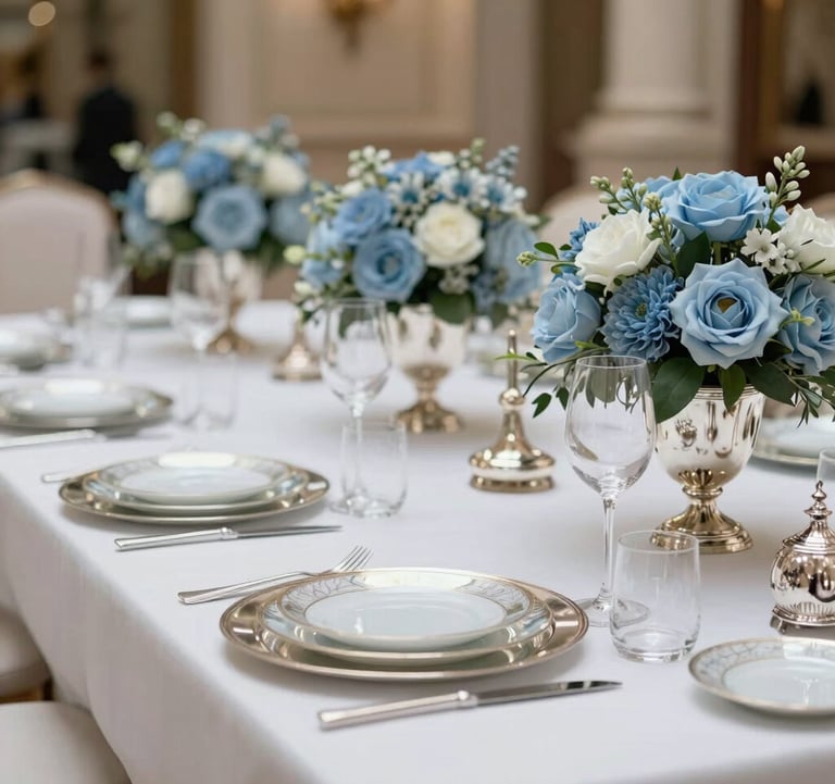 Detailed shot of an elegant corporate table setting featuring fine porcelain, polished silver, and light blue floral arrangements in a prestigious Parisian venue. Professional photography.