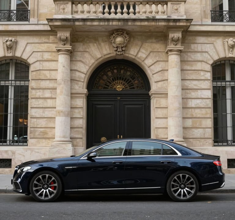 Photography of a sleek, dark navy luxury sedan parked in front of a grand stone entrance in Paris. The image conveys seamless transportation and executive service. European / French style.