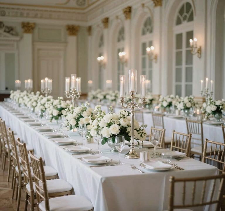 A wide photography of a grand ballroom in a French chateau prepared for a corporate gala. Long tables decorated with white flowers and silver candlesticks. Soft, sophisticated lighting. European / French elegance.