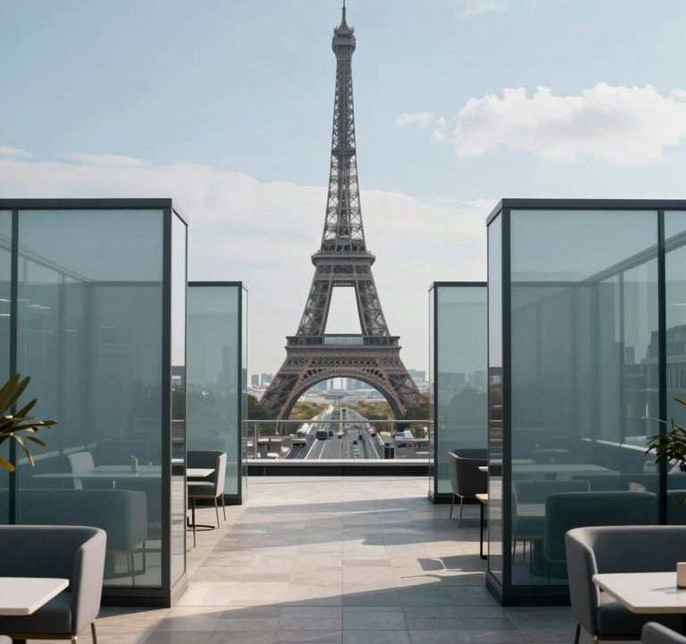 A modern, minimalist corporate rooftop in central Paris with a view of the Eiffel Tower. Muted blue glass partitions and sleek furniture. Daylight photography. European / French.