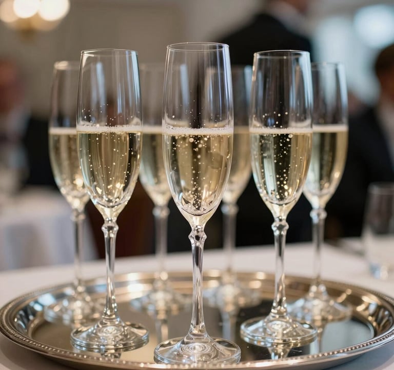 Artistic close-up of crystal champagne flutes on a silver tray at a corporate reception. Background is softly blurred with lights reflecting elegance. European / French.