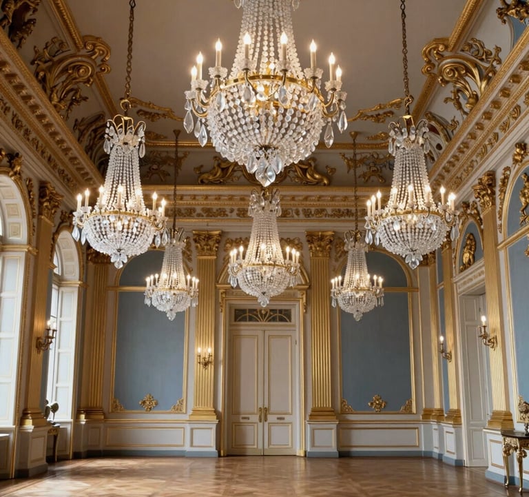 Professional photography of a grand ballroom in a French chateau, featuring crystal chandeliers and ornate gold leaf details. Subtle Navy blue accents in the decor. European / French.