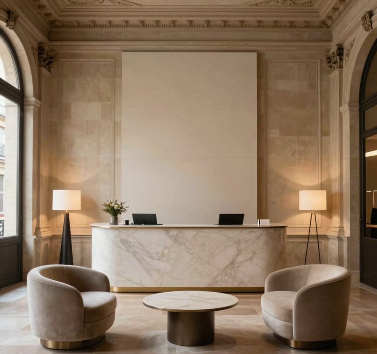 An elegant, minimalist reception area in a historic Haussmann-style building in Paris, featuring modern furniture and soft warm lighting for a professional event, European / French.