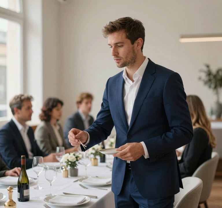 A professional event coordinator in a sharp dark blue suit orchestrating a premium corporate gathering in a minimalist Parisian venue, soft natural light, European / French.
