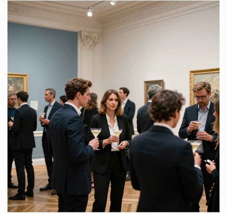 A refined cocktail reception in a historic Parisian gallery. Guests are dressed in business formal attire, enjoying a sophisticated atmosphere with muted blue and off-white decor elements. European / French.