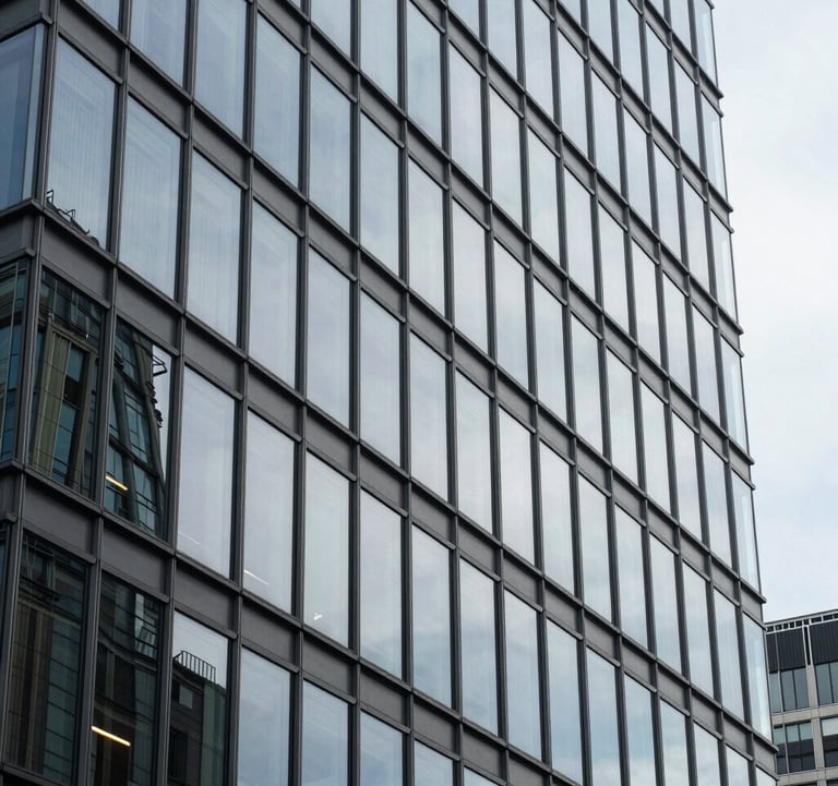 An architectural detail of a modern glass building in La Défense, Paris, reflecting the sky. Sharp lines, professional and forward-thinking corporate atmosphere. European / French style.