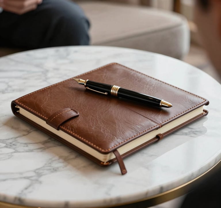Close-up of a professional planning session in a luxury Parisian hotel suite. An elegant leather-bound notebook and a designer fountain pen rest on a marble table. European / French aesthetic, clean and sophisticated.