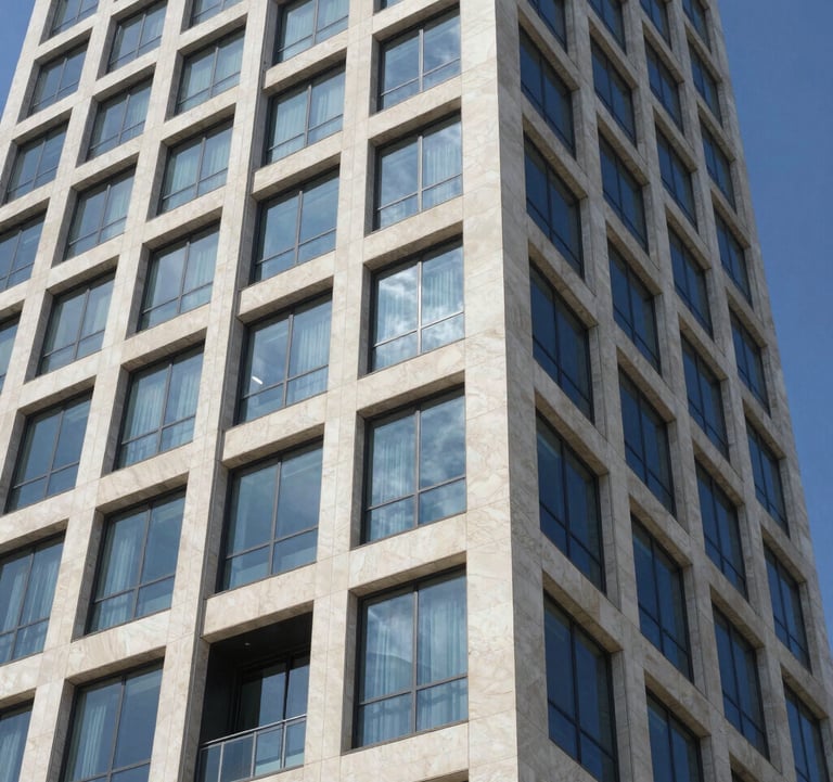 Close-up architectural shot of a modern glass and white stone facade of a luxury residential tower in the Ir Yamim district, Netanya. Clear blue sky reflected in the windows. Sophisticated and high-tech.