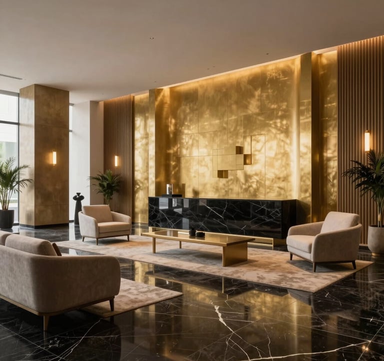 A professional interior photography shot of a luxury high-rise lobby in Netanya, Israel. The space features black marble floors, polished gold wall accents, and minimalist, high-end furniture. The lighting is soft and warm, conveying the atmosphere of a private wealth advisory firm.