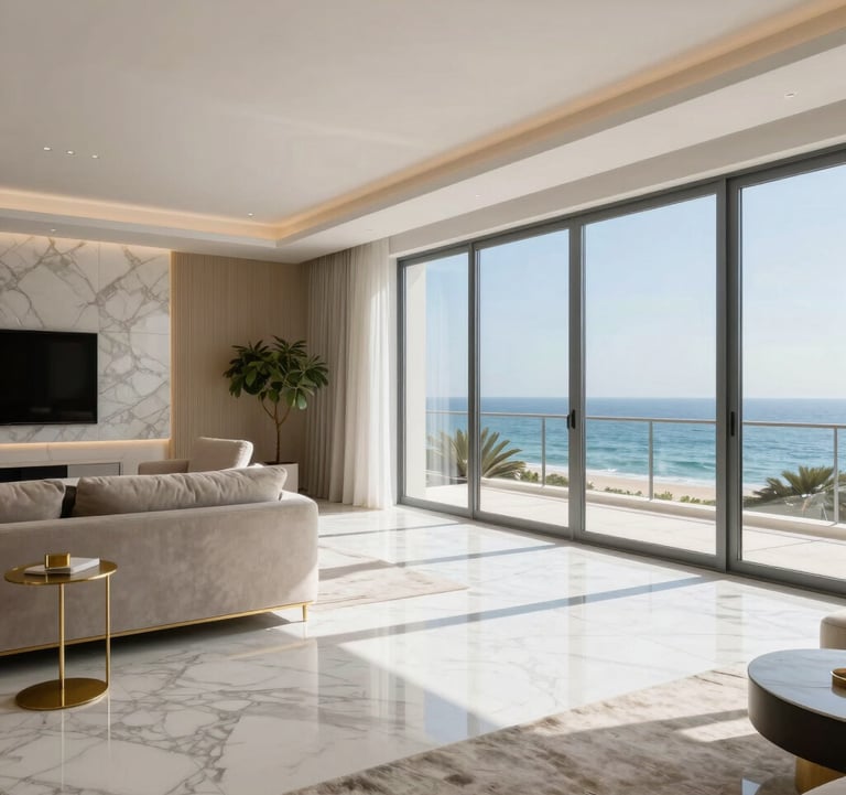 A spacious, high-end living room in a Netanya penthouse featuring white marble floors, gold accents, and floor-to-ceiling windows overlooking the sea.