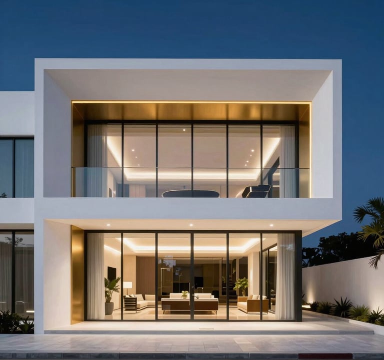 Professional architectural photograph of a minimalist luxury villa facade in Netanya, Israel. Clean white lines, large glass panels, and elegant gold accents against a deep navy twilight sky. The setting is exclusive and sophisticated, reflecting private banking standards.