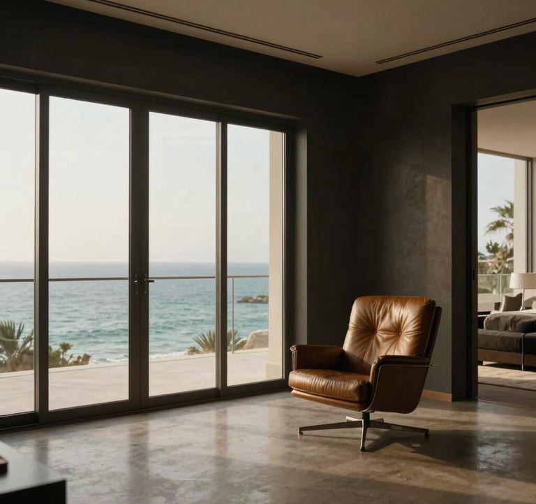 Interior shot of a high-end private property viewing room in Netanya. Dark walls, a single leather chair, and floor-to-ceiling windows showing the Mediterranean coast. Lighting is subtle and gold-toned, emphasizing a discreet and prestigious environment.