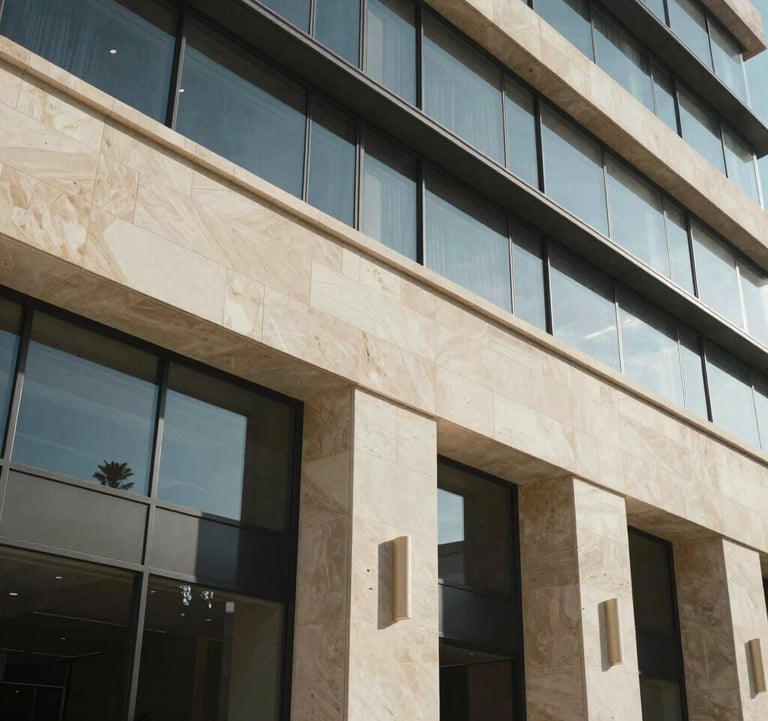 A detailed architectural shot of a luxury building facade in Israel, showcasing clean lines and premium materials like stone and glass.
