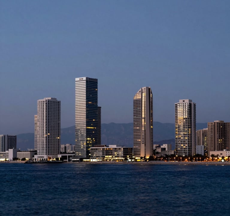 A panoramic photography shot of the Netanya, Israel coastline at dusk. Modern, illuminated luxury residential towers stand prominently against a deep navy sea and sky. The composition is clean and minimalist, focusing on architectural elegance and the prestige of the location.