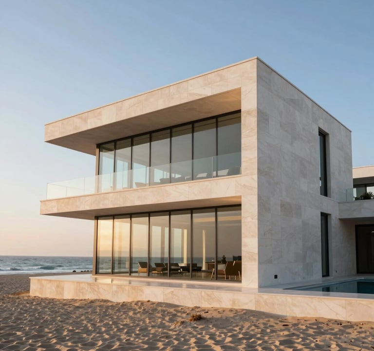 A luxury beachfront villa in Netanya with modern glass architecture and sleek white stone walls at sunset.