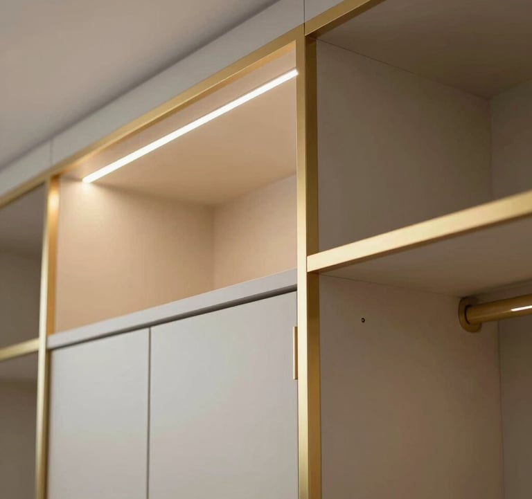 A close-up of a high-end interior detail, featuring gold-trimmed cabinetry and designer lighting in a luxury Netanya apartment.