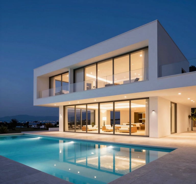 A high-end architectural photo of a modern white minimalist villa in Netanya, Israel. The image features floor-to-ceiling glass windows and a sleek infinity pool at twilight, with warm interior lights glowing against the deep navy blue evening sky.