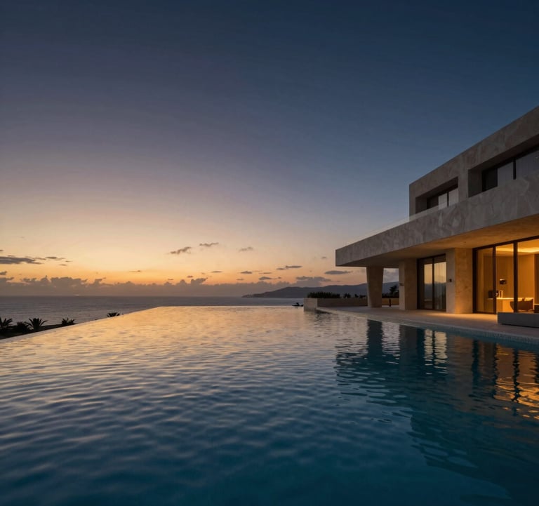 A serene evening view of an infinity pool at a premier Netanya estate. The water surface perfectly reflects the gold sunset and deep navy sky. The architecture is modern and minimalist Middle Eastern / Israeli style, suggesting an aura of absolute prestige and quiet luxury.