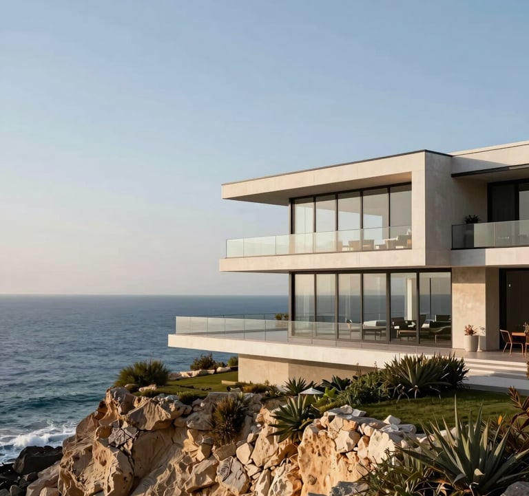 A stunning exterior shot of a modern glass-and-steel villa on the Netanya cliffside, overlooking the Mediterranean sea.