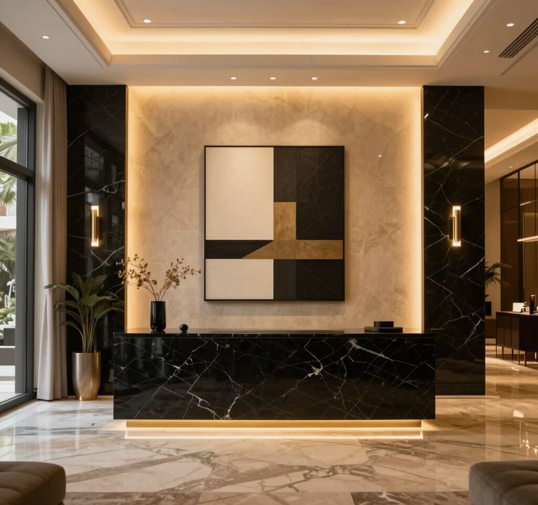 The elegant lobby of an exclusive residential building in Netanya, featuring black marble, warm gold lighting, and minimalist art. Middle Eastern / Israeli luxury style.