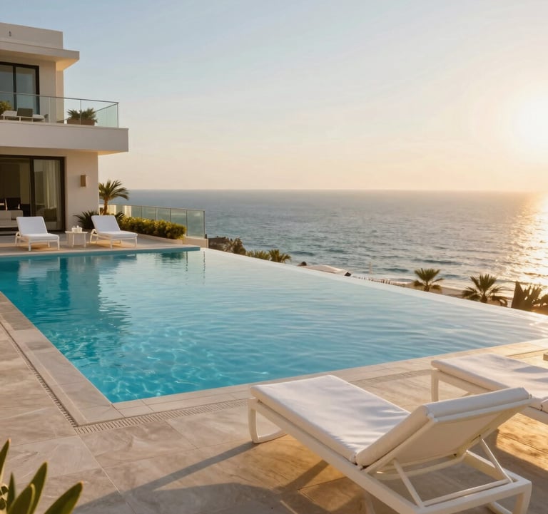 A private infinity pool on the high-floor balcony of a high-end Israeli penthouse in Netanya, overlooking the Mediterranean sea. Golden hour lighting, white lounge chairs, luxurious and tranquil mood.