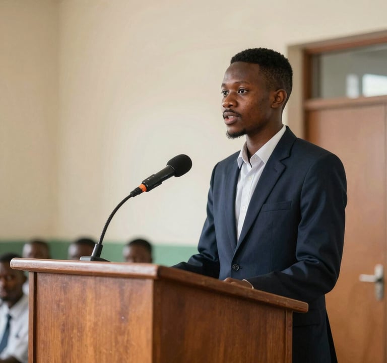 A photograph showing a West African student confidently speaking at a podium during a school leadership event. The background is a clean, structured school hall. The student looks capable and prepared.