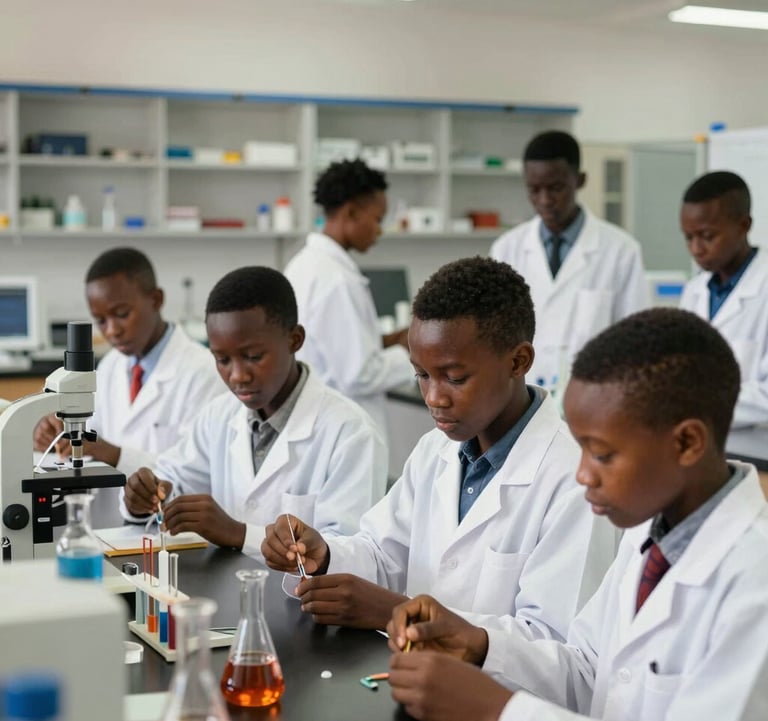 A group of West African secondary students engaged in a collaborative science experiment in a well-equipped, state-of-the-art laboratory. They are wearing professional white lab coats. The background features structured shelving and modern equipment, emphasizing academic excellence.
