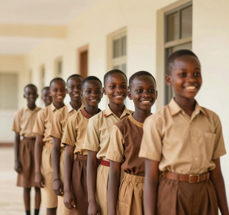 A group of West African / Nigerian primary school students standing in a structured line in a bright, modern hallway with cream-colored walls. They are smiling and look confident, wearing neat school uniforms in tan and brown tones.