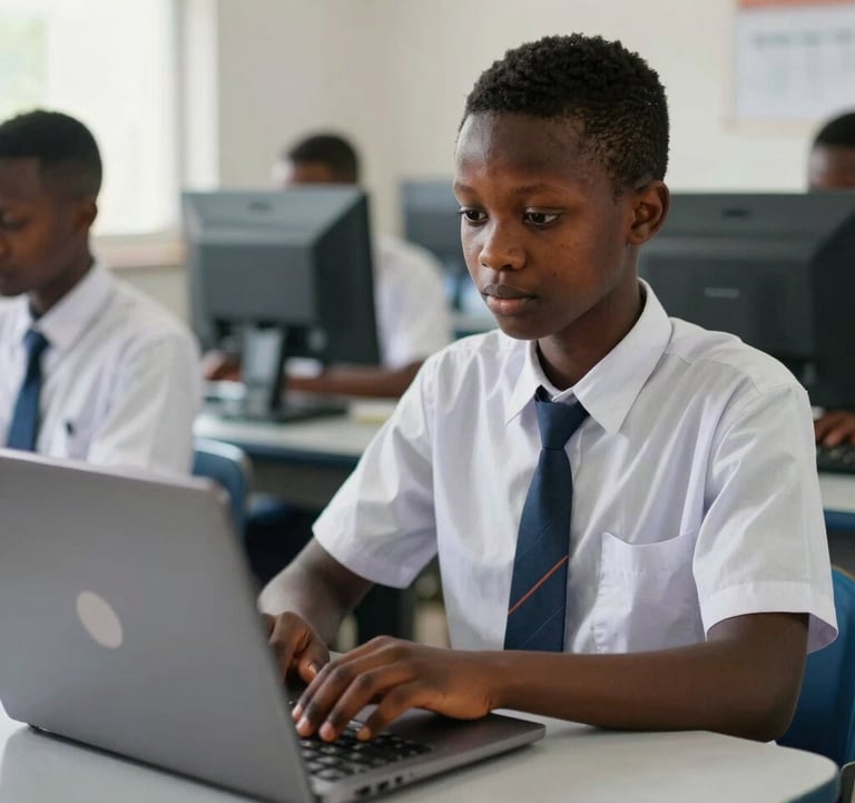A close-up shot of a West African / Nigerian student in a secondary school uniform using a laptop in a brightly lit, organized computer lab. The setting is modern and clean, emphasizing digital literacy and future skills.