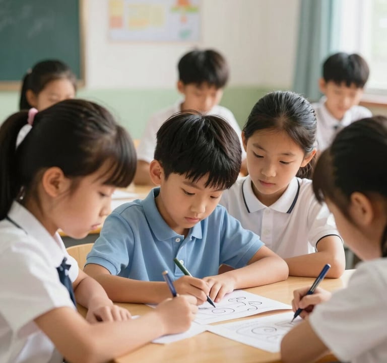 A bright classroom setting where a group of young primary students are working together on a collaborative project. Clean, professional, and warm aesthetic.
