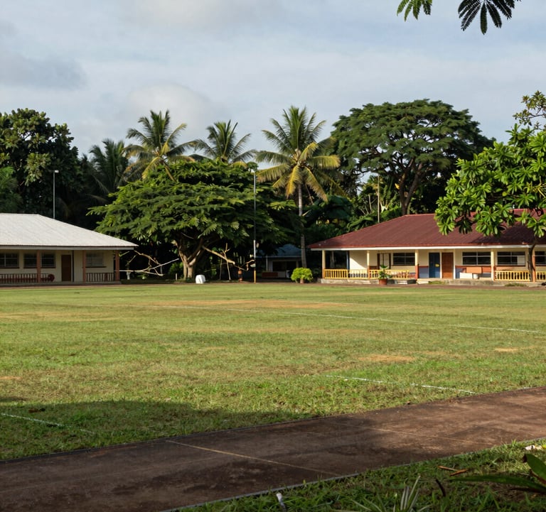 A landscape photograph of the school's outdoor sports area in Calabar, showing clean facilities and lush tropical greenery in the background. The scene is peaceful and well-maintained.