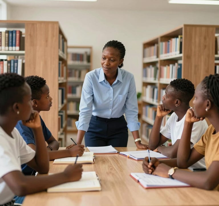 A high-quality photo of a teacher in Nigeria mentoring a group of students in a modern, calm library. The focus is on communication and thinking, with students engaged in a structured academic discussion.