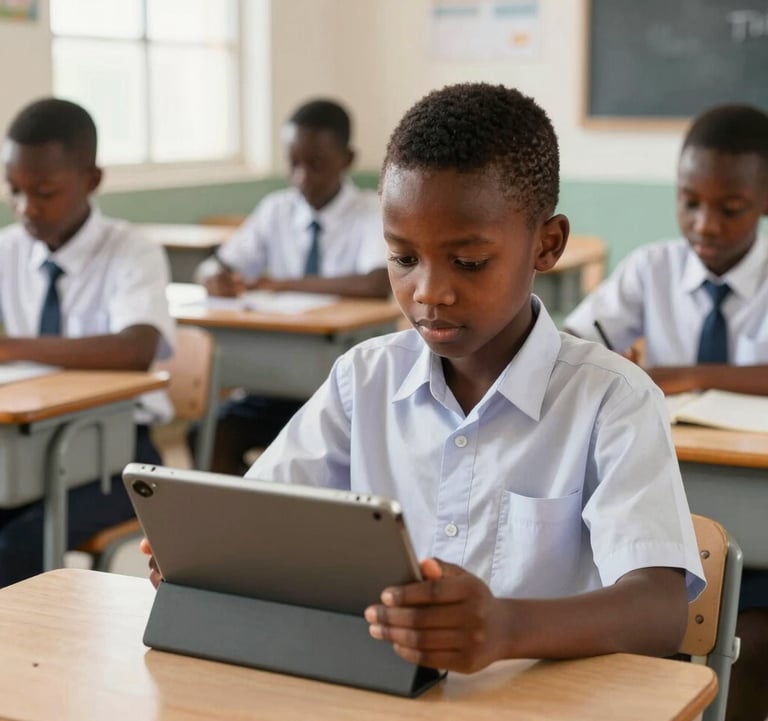 A focused West African primary student in a neat school uniform using a digital tablet in a bright, modern classroom. The setting is clean and structured, with pale gold and dark brown classroom details. Soft, natural lighting creates a calm, studious atmosphere.
