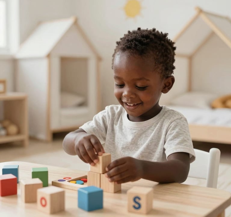 A cheerful West African kindergarten child playing with educational wooden blocks in a warm, off-white and pale gold nursery setting. The room is filled with soft natural light, conveying a sense of safety and early childhood development.