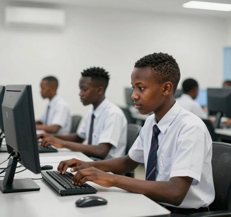 A focused West African student in a neat school uniform working on a modern desktop computer in a bright, clean computer lab. The lighting is professional and clear, emphasizing a future-ready learning environment.