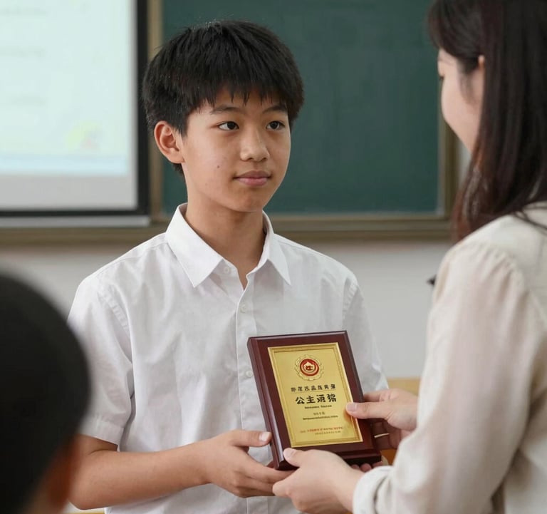 Close-up of a student receiving an award from a teacher in a formal school setting. Focus on the pride and academic achievement.