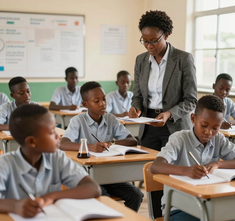 A classroom scene in Calabar where a teacher and West African students are engaged in a structured science lesson. The environment is orderly, professional, and academic, showing excellence in action.