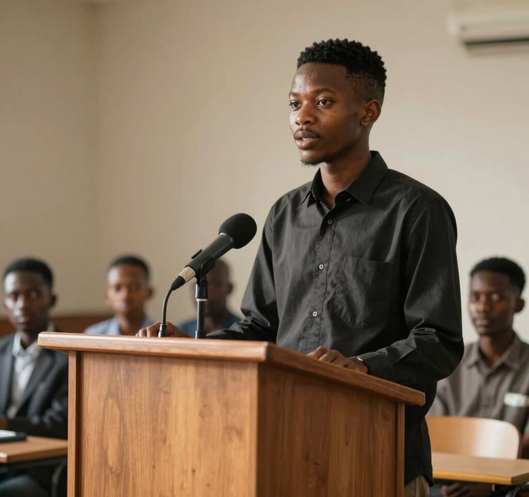 A young Nigerian student standing confidently at a wooden lectern, delivering a speech to an audience. The composition is structured and inspiring, using warm natural light to highlight leadership and communication.