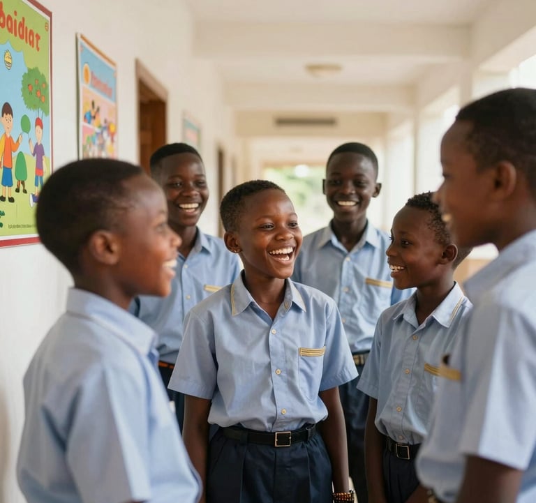 A candid photograph of several West African primary students laughing together in a bright, modern hallway decorated with educational posters. They are wearing neat uniforms with gold accents.