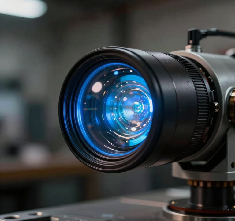 Extreme close-up of a robotic optical sensor glowing electric blue, reflecting a dark industrial European / British workshop, deep charcoal tones.