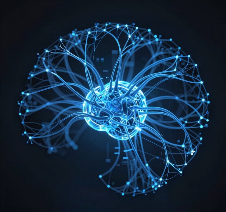 Blue glowing neural networks pulsing with data streams against a deep charcoal backdrop, abstract digital architecture, cybernetic aesthetic.