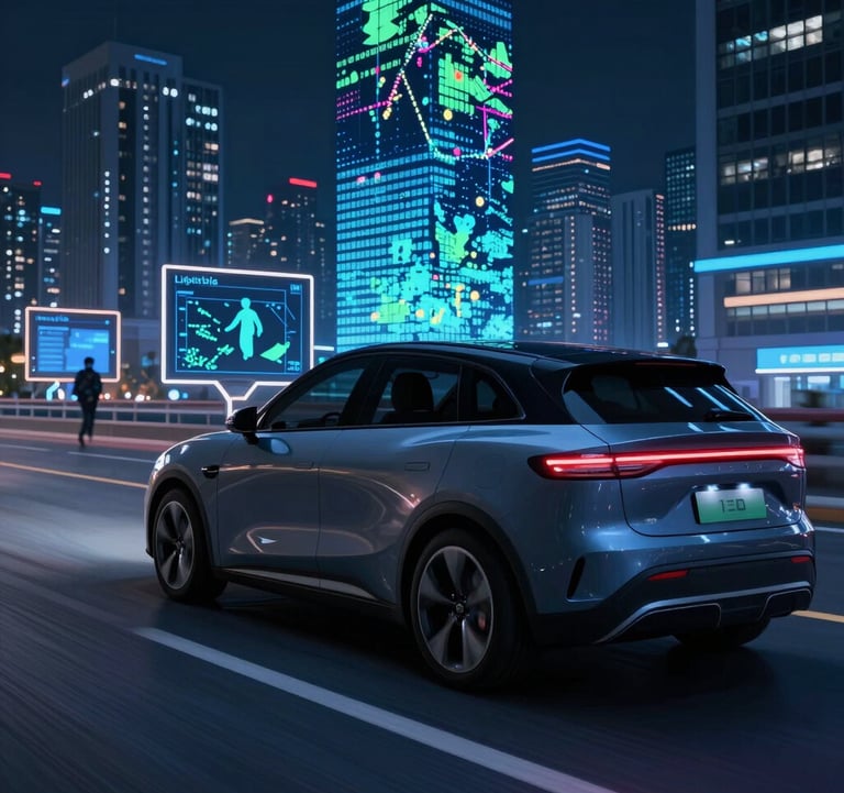 A futuristic electric SUV driving through a neon-lit smart city with digital navigation displays.