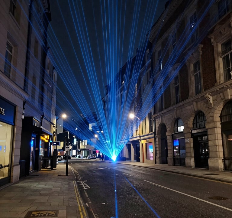 LiDAR laser scanning point cloud of a modern European / British city street at night, abstract digital data streams in electric blue and dark charcoal, industrial tech style.