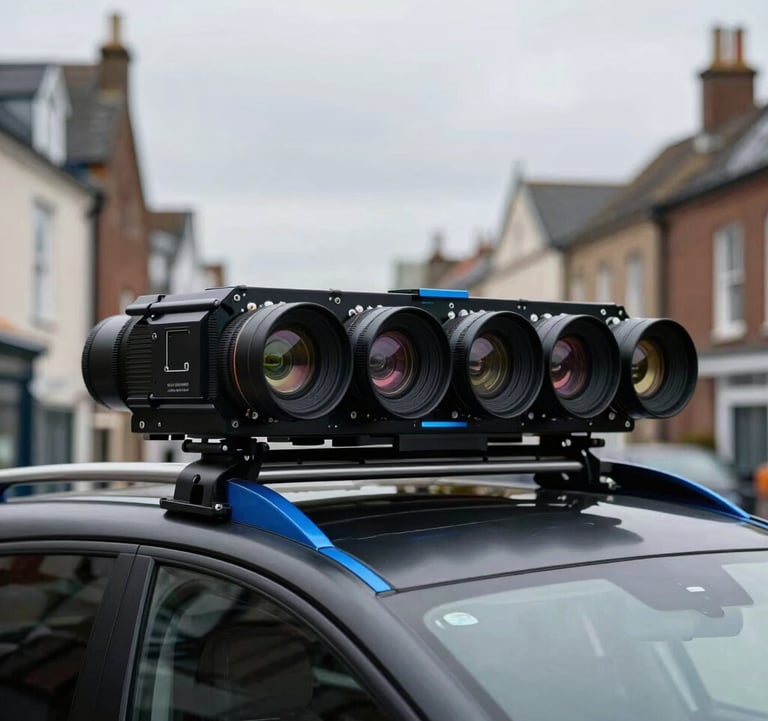 Detailed autonomous car sensor array mounted on a matte black vehicle roof, technical and industrial feel, overcast European / British day, electric blue accents.
