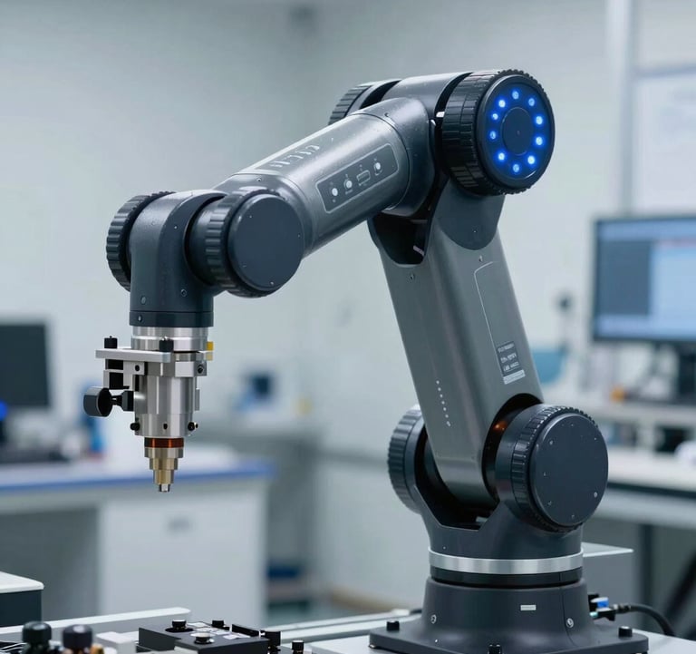 Close-up of a high-precision industrial robot arm in a dark charcoal finish, blue glowing status indicators, clean European / British laboratory environment.