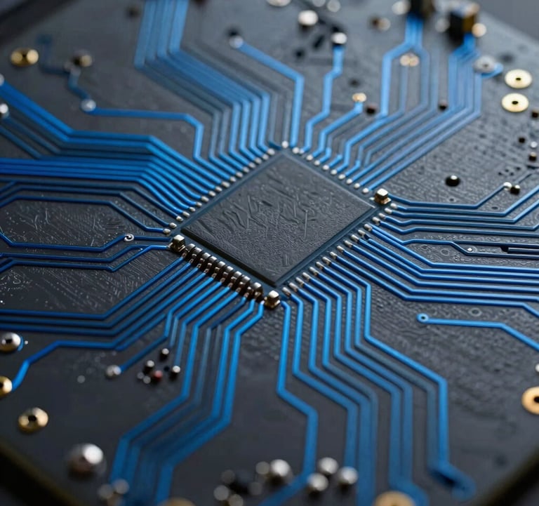 Detailed view of sophisticated circuit board patterns with electric blue current lines, minimalist industrial style, dark grey background.