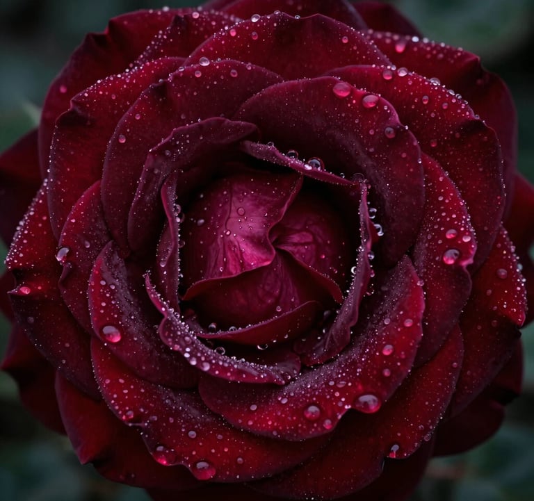 Macro photography of deep red damask rose petals covered in morning dew, elegant and moody lighting, rich dark burgundy tones, European garden style.